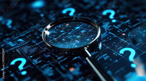A digital search interface with a magnifying glass icon and surrounding question marks, representing the quest for online information.
