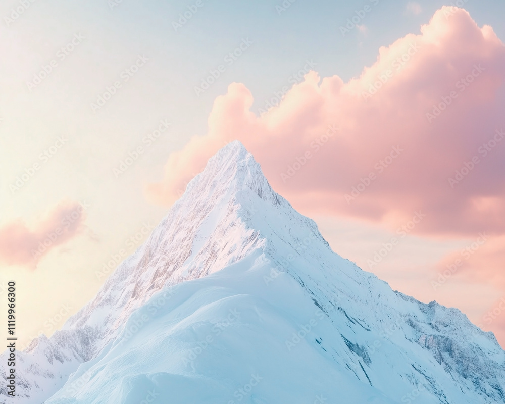 Snowy mountain peak with a pink coloured cloud right above at sunrise.