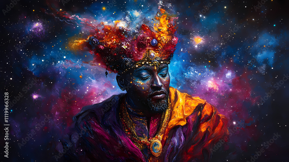 surreal portrait of noble figure adorned in vibrant colors, surrounded by cosmic background, evoking sense of majesty and mystery surreal portrait of noble figure adorned in vibrant colors, surrounded by cosmic background, evoking sense of majesty and mystery