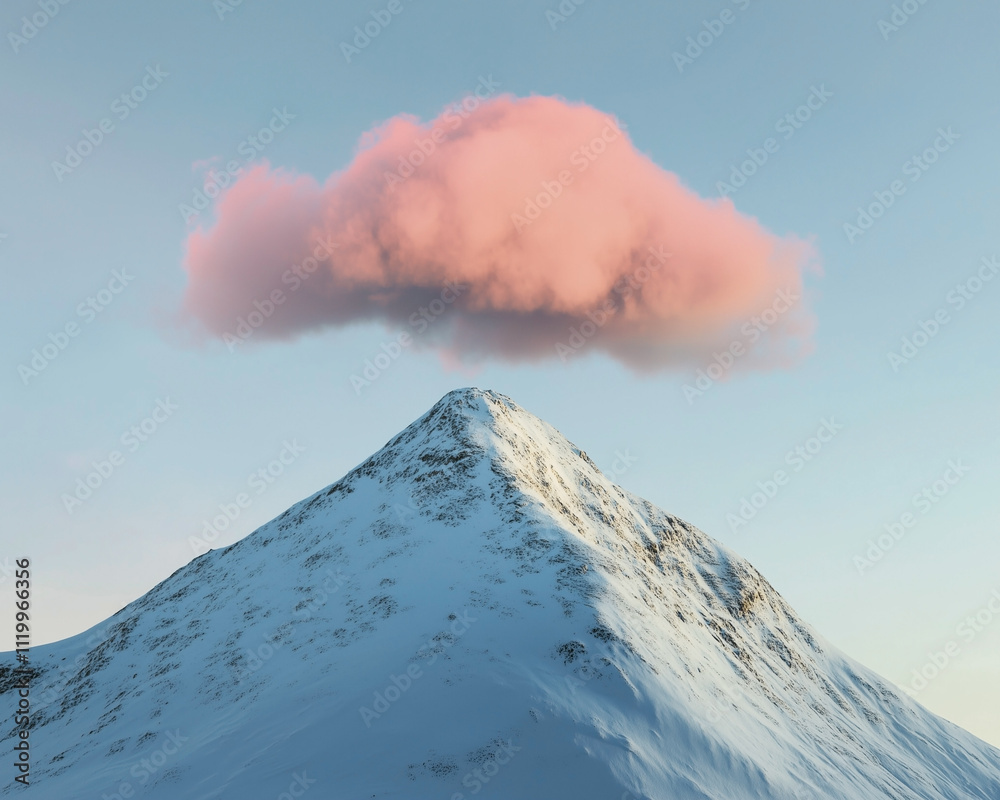 Snowy mountain peak with a pink coloured cloud right above at sunrise.