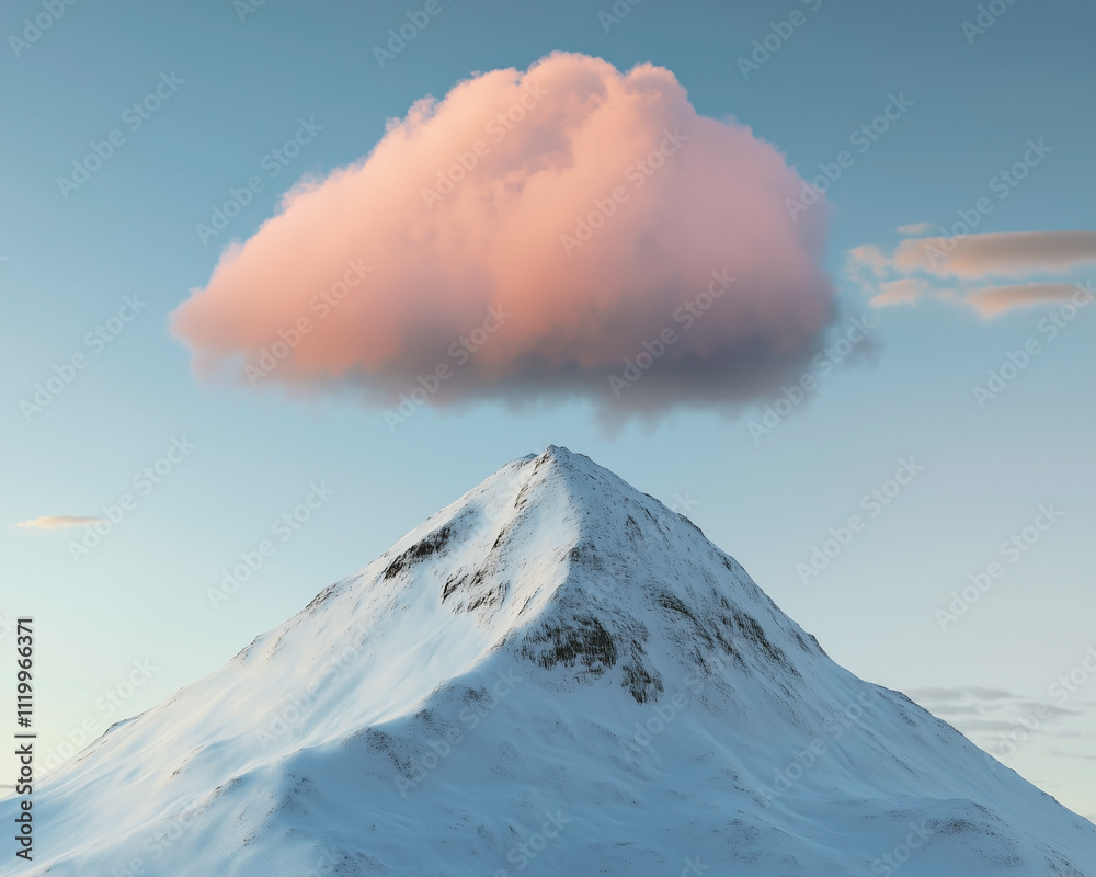 Snowy mountain peak with a pink coloured cloud right above at sunrise.