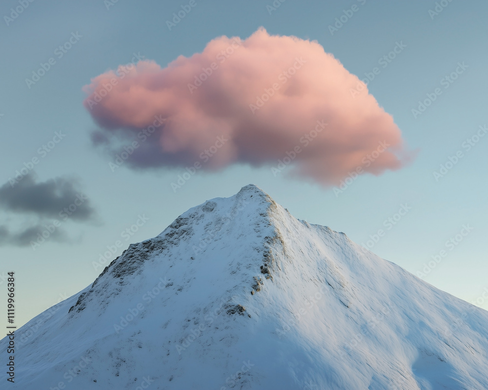 Snowy mountain peak with a pink coloured cloud right above at sunrise.