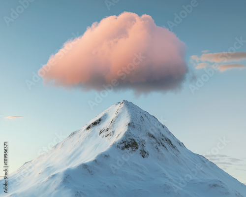 Obraz na płótnie Snowy mountain peak with a pink coloured cloud right above at sunrise. w salonie