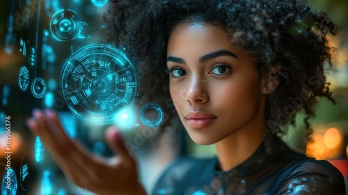 A woman is holding a blue screen with a circle on it. Generative AI