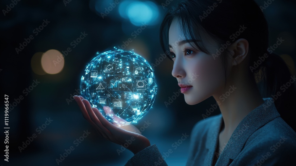 Naklejka premium A woman is holding a glowing ball in her hand. Generative AI