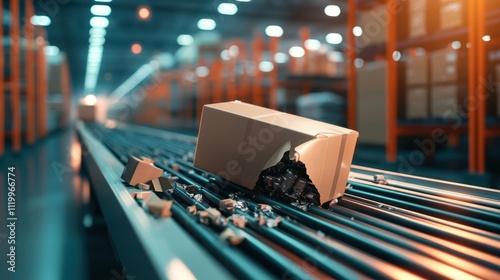Damaged package on a futuristic conveyor belt in a modern distribution center photo