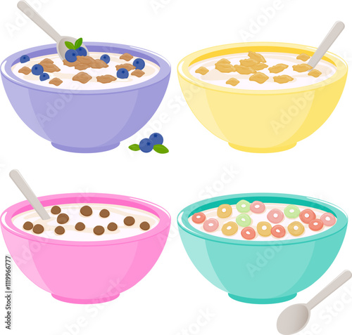 Set of bowls of breakfast cereal in different flavors. Cereal breakfast bowl set, cornflakes with milk, chocolate, blueberries fruits. Corn flakes and porridge oatmeal. Vector illustration