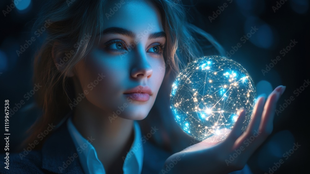 Naklejka premium A woman is holding a glowing sphere in her hand. Generative AI