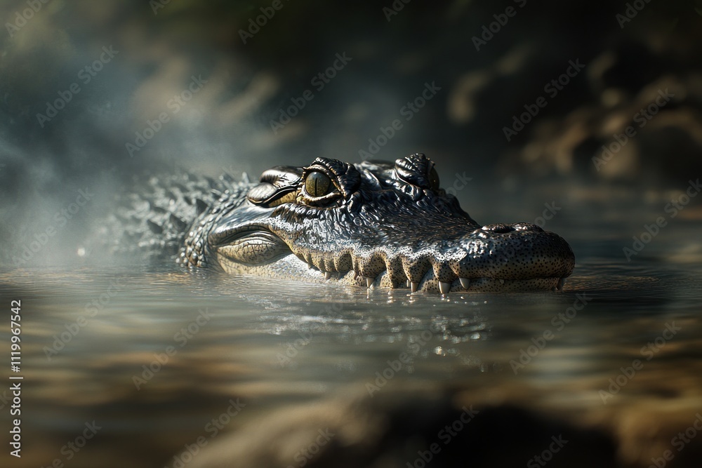 A close-up of a crocodile partially submerged in water, with mist surrounding it. A close-up of a crocodile partially submerged in water, with mist surrounding it.