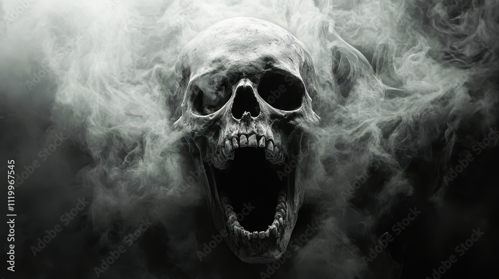 Ghostly skull screaming in dark fog eerie and haunting design perfect for horror and gothic themes Ghostly skull screaming in dark fog eerie and haunting design perfect for horror and gothic themes
