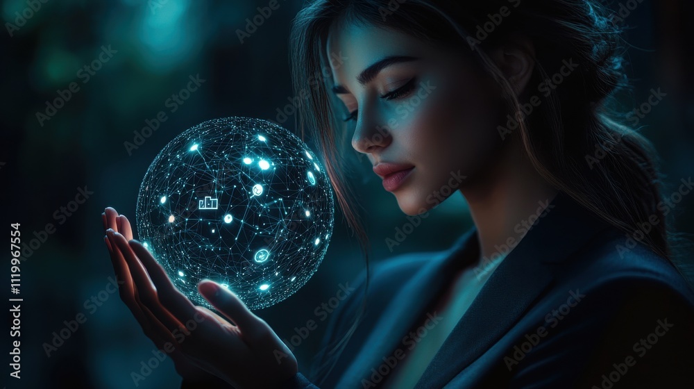 Naklejka premium A woman is holding a glowing sphere in her hand. Generative AI
