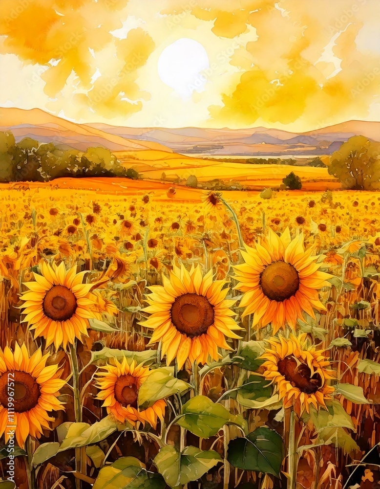 Fototapeta premium Bright sunflower field with watercolor textures and warm golden tones 