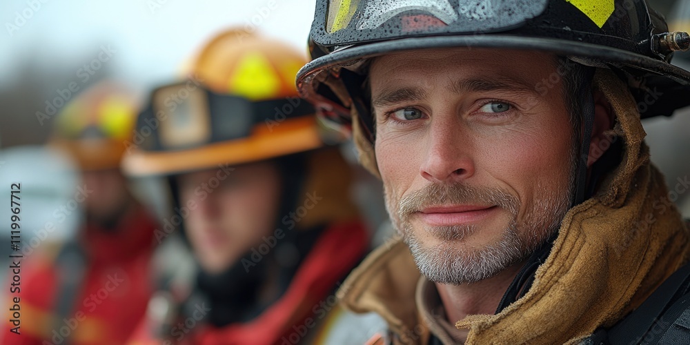 Caucasian male firefighter team working together in outdoor rescue mission Caucasian male firefighter team working together in outdoor rescue mission
