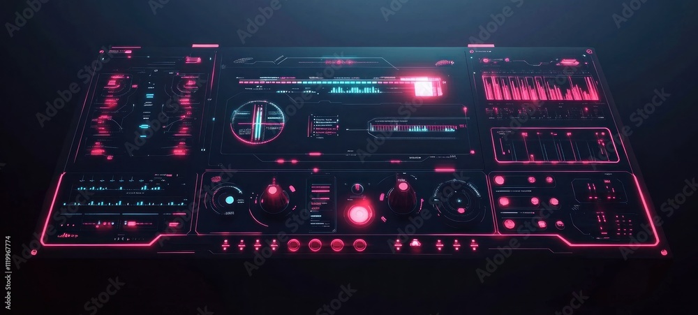 Obraz premium Futuristic Tech Interface: Neon Pink and Cyan Digital Dashboard