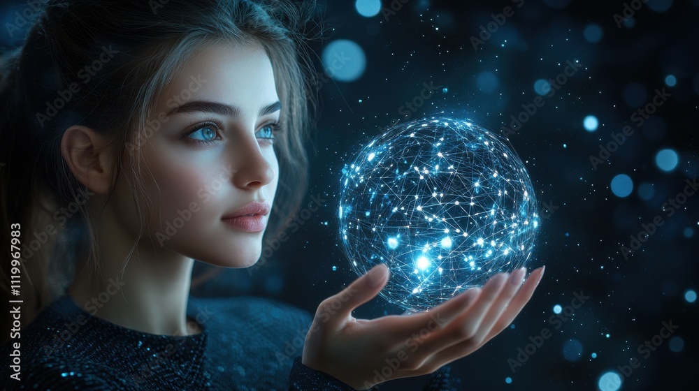 Naklejka premium A woman is holding a glowing sphere in her hand. Generative AI