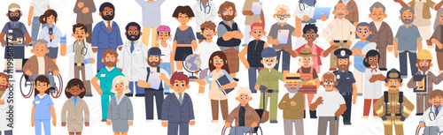 Diverse people group of different professions and ages standing together. Big community flat vector banner