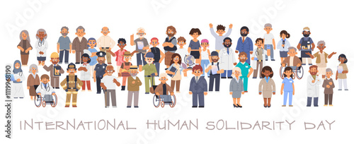 International Human Solidarity Day flat vector illustration. Group of multiracial diverse people on isolated background