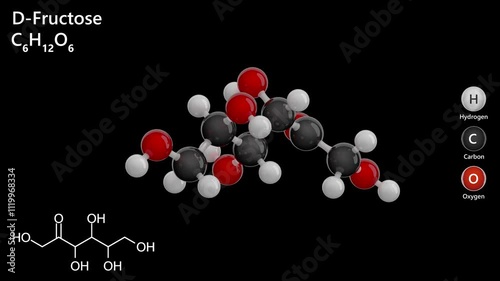 D-Fructose. Sweetener. Animated 3D model of a molecule. Molecular formula: C6H12O6. Chemical model: Ball and stick. Black background. 3D rendering. Seamless loop photo