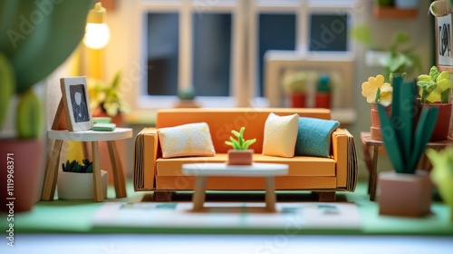 Charming Kawaii 3D Paper Craft Living Room with Miniature Furniture in Blurred Setting - 3D Paper Dollhouse Miniature Details