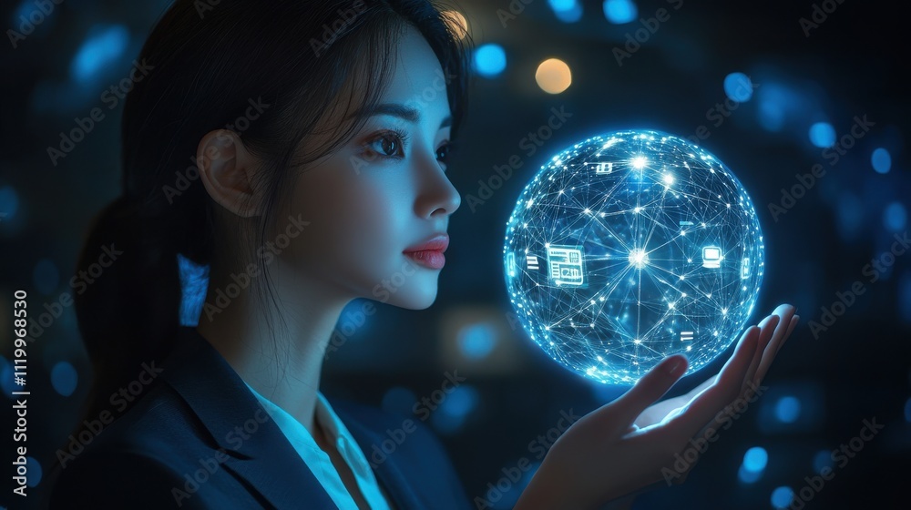 Naklejka premium A woman is holding a blue sphere with a lot of lines and dots on it. Generative AI