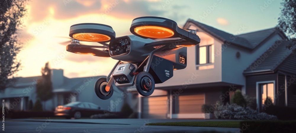 Futuristic Drone Delivery System at Sunset Futuristic Drone Delivery System at Sunset
