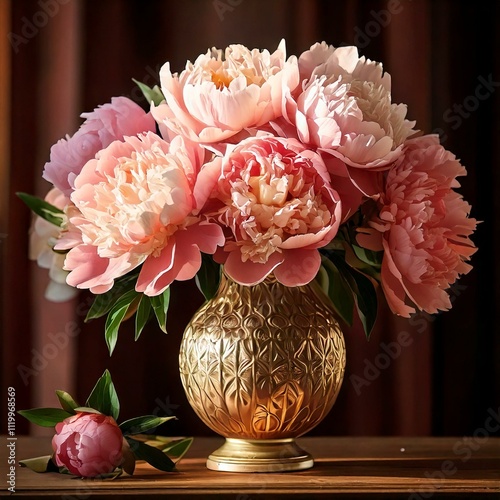 Pink peonies fuchsia peony flowers in a white porcelain vase AI Generated image
