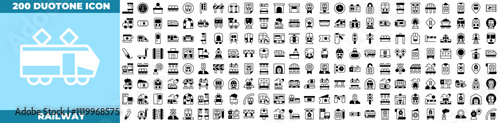 Railway Duotone Editable Icons set. Vector illustration in modern thin duotone style of railway icons: traffic light, road, subway, etc
