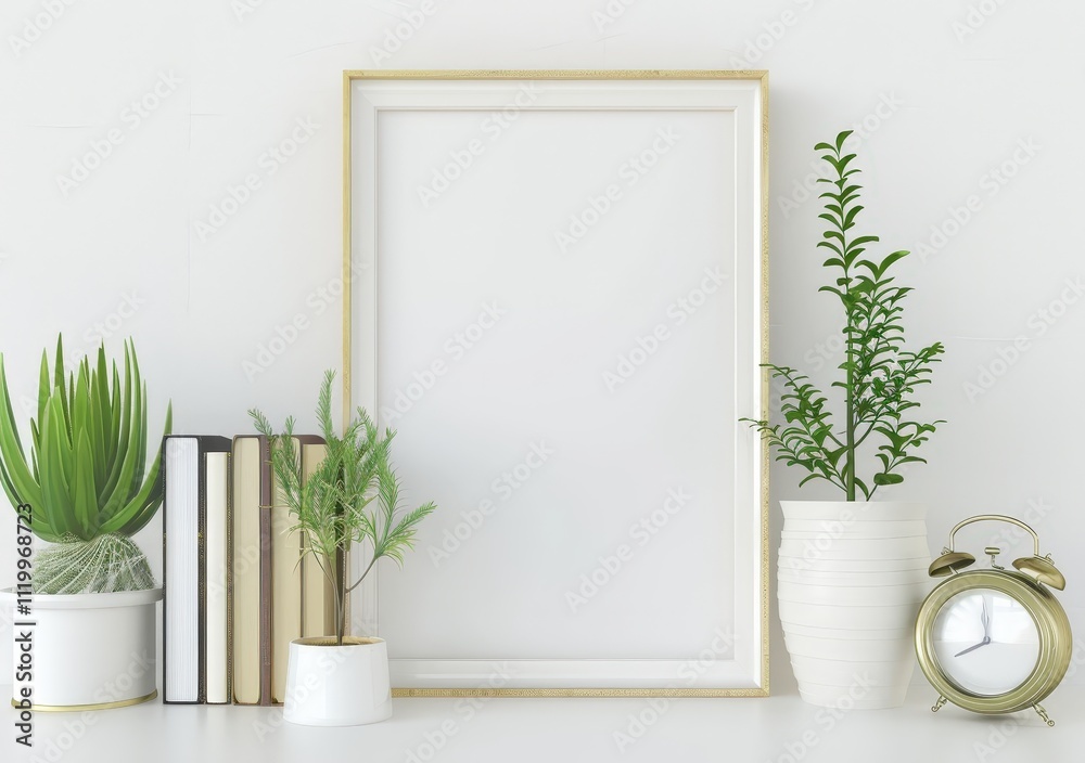 A gold framed picture mockup with a white background. featuring plants. books. and an alarm clock A gold framed picture mockup with a white background. featuring plants. books. and an alarm clock