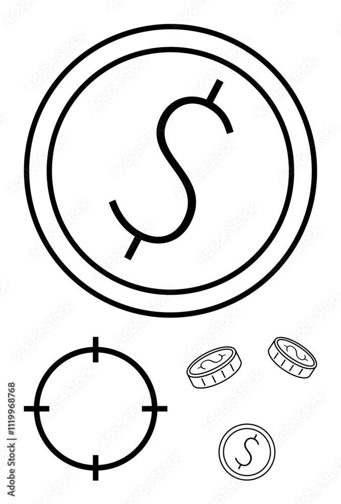 Currency symbol inside a circle, target icon, and three coins. Ideal for finance, budgeting, investment, financial goals, accuracy precision and economy. Line metaphor Currency symbol inside a circle, target icon, and three coins. Ideal for finance, budgeting, investment, financial goals, accuracy precision and economy. Line metaphor