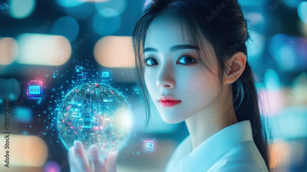 A woman is holding a glowing orb that is surrounded by a blue background. Generative AI A woman is holding a glowing orb that is surrounded by a blue background. Generative AI