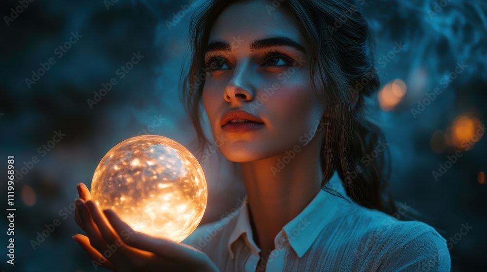 Naklejka premium A woman is holding a glowing ball in her hand. Generative AI
