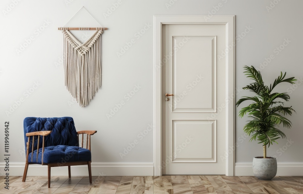Minimalist living room interior with a blue armchair. white door. and a macrame wall hanging Minimalist living room interior with a blue armchair. white door. and a macrame wall hanging