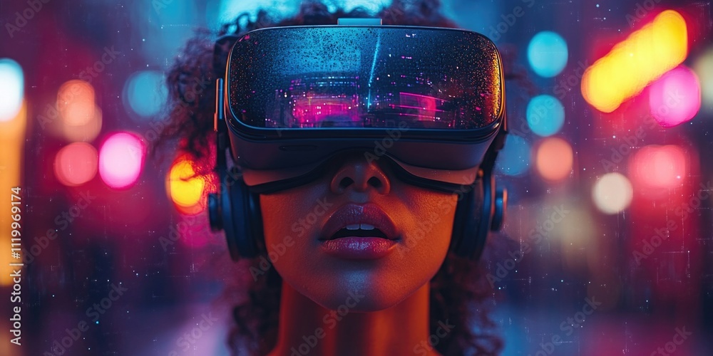 Young african female immersed in futuristic urban virtual reality experience Young african female immersed in futuristic urban virtual reality experience