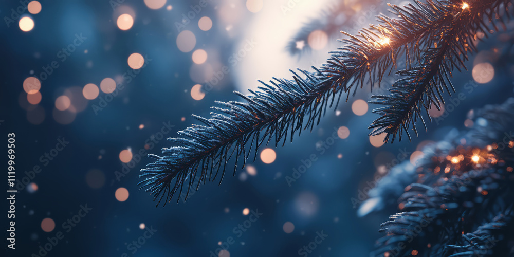 The vibrant green branch of a Christmas tree with glowing lights The vibrant green branch of a Christmas tree with glowing lights