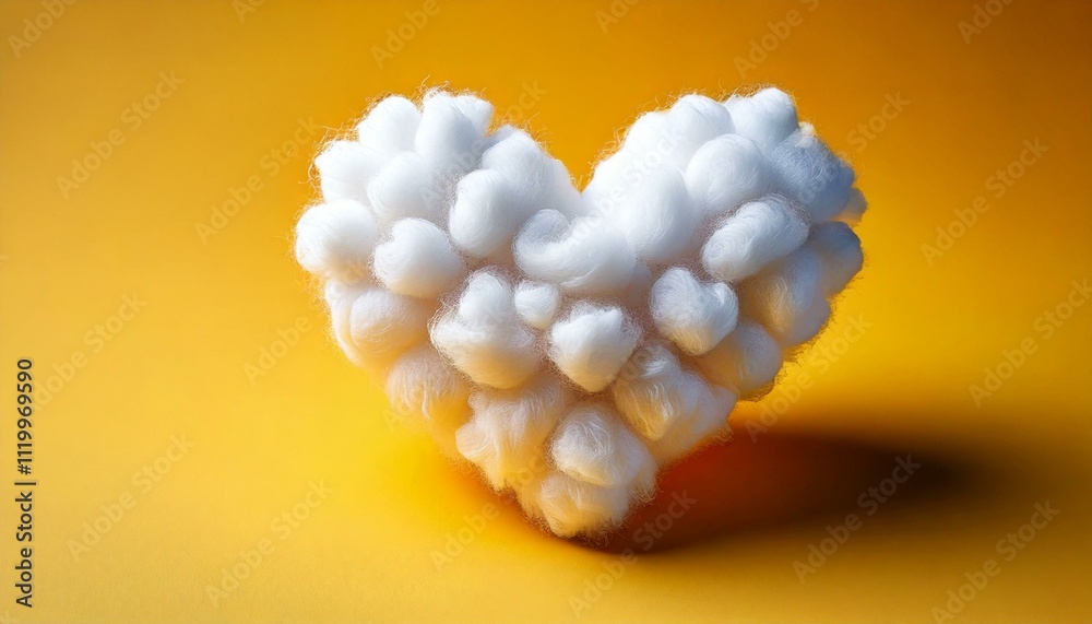 white heart made of cotton on yellow background isolated white heart made of cotton on yellow background isolated