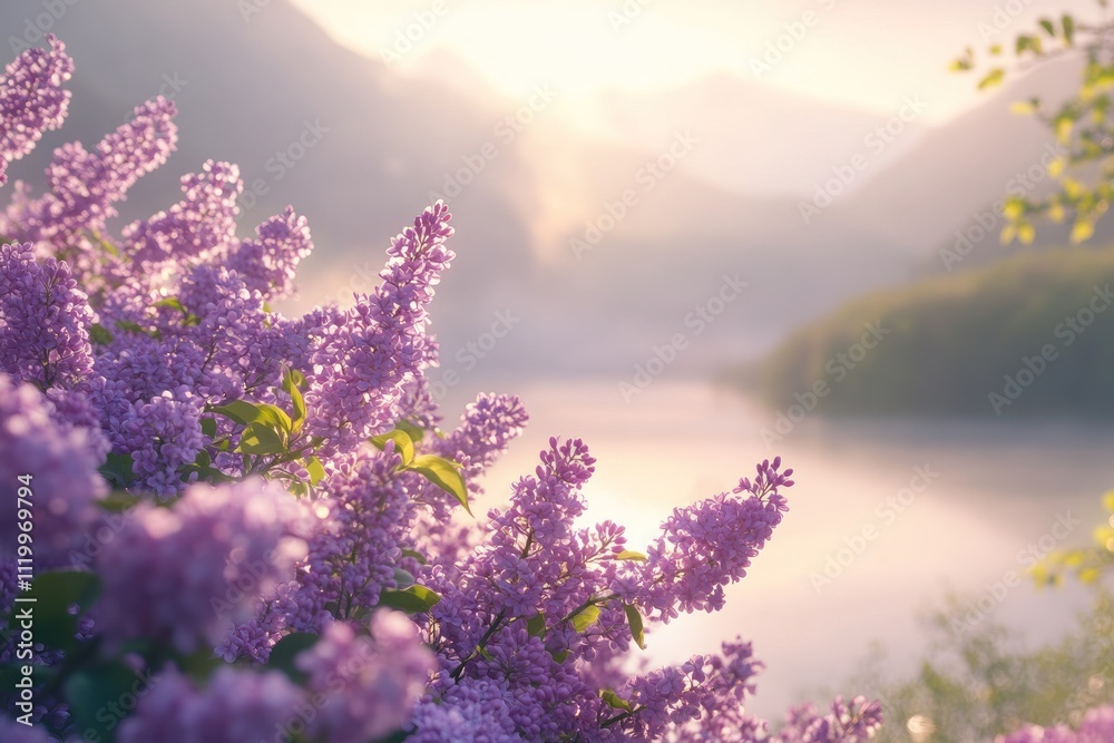 A serene landscape featuring blooming lilacs by a tranquil lake surrounded by mountains. A serene landscape featuring blooming lilacs by a tranquil lake surrounded by mountains.