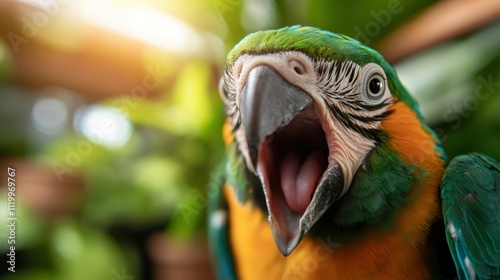 A colorful parrot with an open beak is featured amidst lush green surroundings, capturing the essence of vibrant wildlife art in natural settings. photo