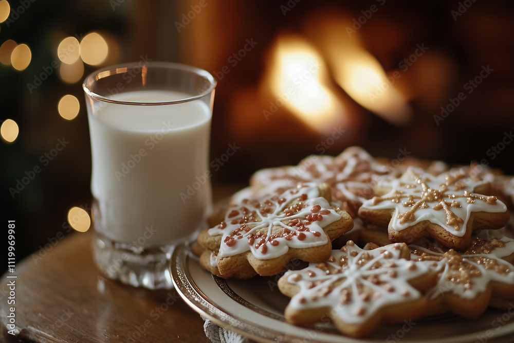 Festive Plate of Christmas Cookies and Milk by a Glowing Fireplace in a Cozy, Warm Holiday Atmosphere Festive Plate of Christmas Cookies and Milk by a Glowing Fireplace in a Cozy, Warm Holiday Atmosphere