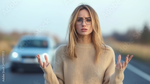 Young woman expresses confusion after car accident on rural road