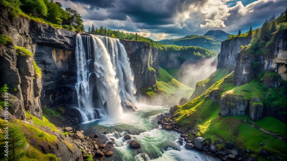 custom made wallpaper toronto digitalMajestic waterfall in a vibrant green valley with rocky cliffs and a stormy sky