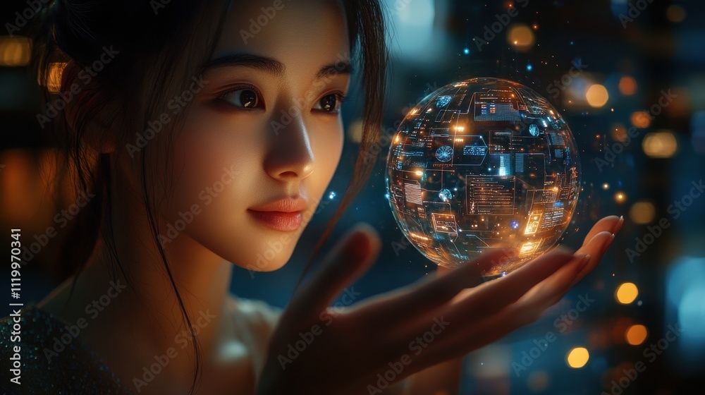 Naklejka premium A woman is holding a glowing orb in her hand. Generative AI