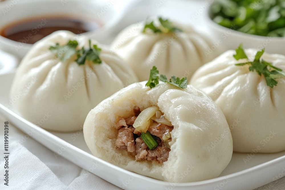 Close-Up of Steamed Buns with Savory Pork Filling Garnished with Fresh Cilantro and Green Onions on a White Plate Close-Up of Steamed Buns with Savory Pork Filling Garnished with Fresh Cilantro and Green Onions on a White Plate
