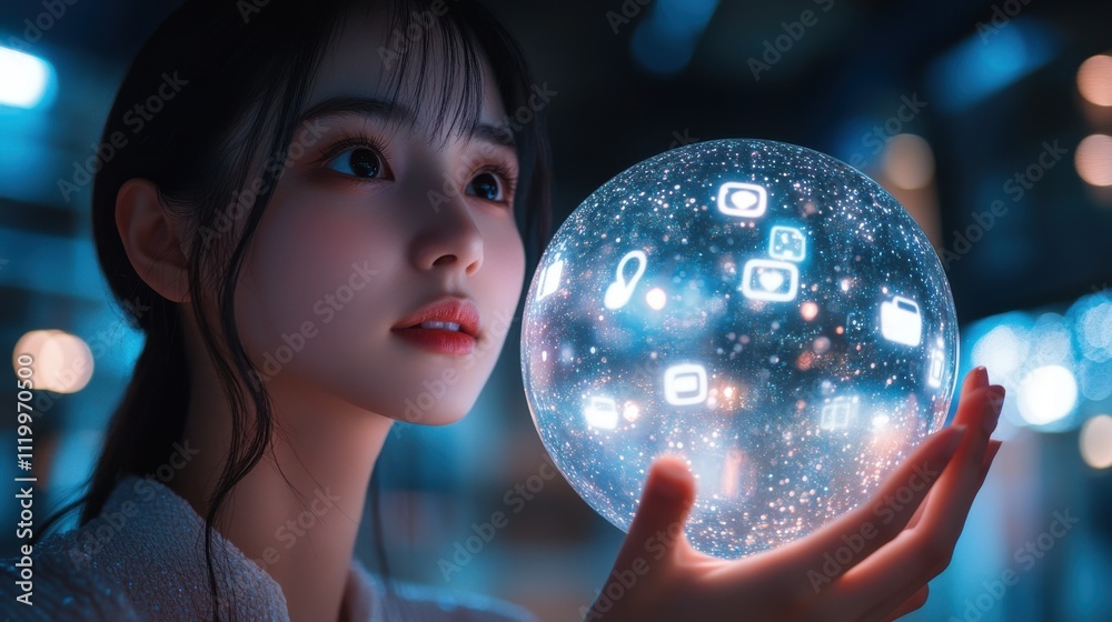 Naklejka premium A woman is holding a ball with a lot of icons on it. Generative AI