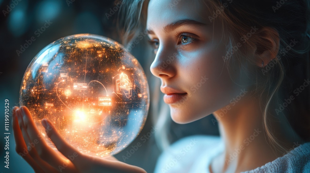Naklejka premium A woman is holding a glowing orb in her hand. Generative AI