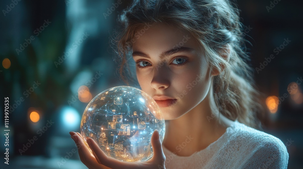 Fototapeta premium A woman is holding a crystal ball with a glowing light inside. Generative AI