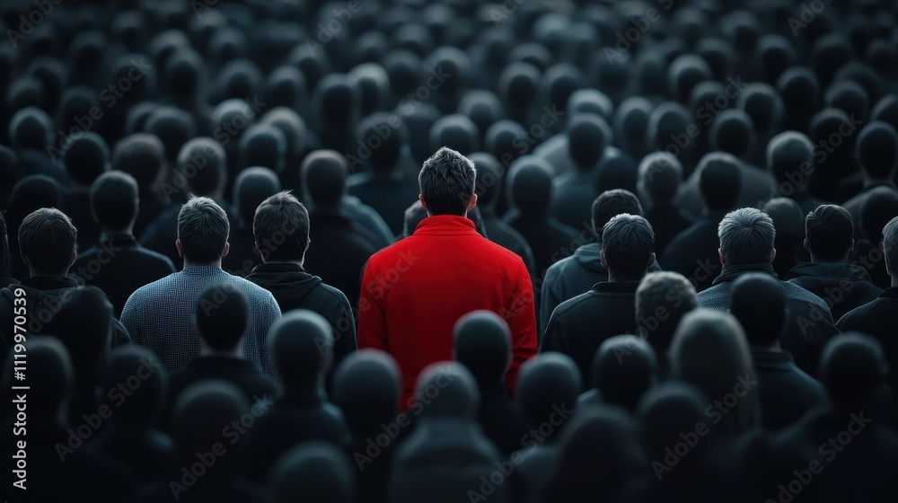 Obraz premium Standing out from the crowd with bright red jacket in a dark gathering of people
