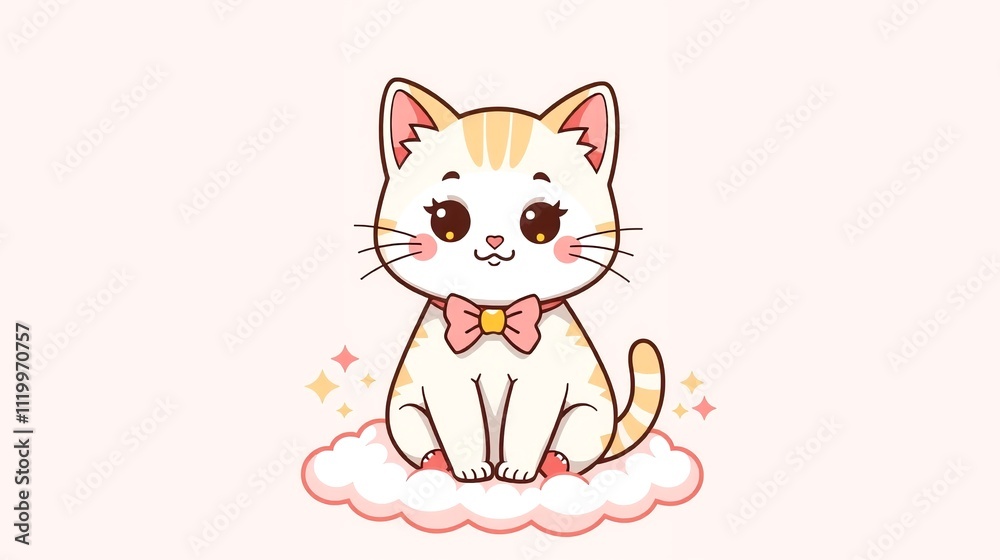 Obraz premium Kawaii style, pastel colors, cartoon cat with a bow tie sitting on a cloud.
