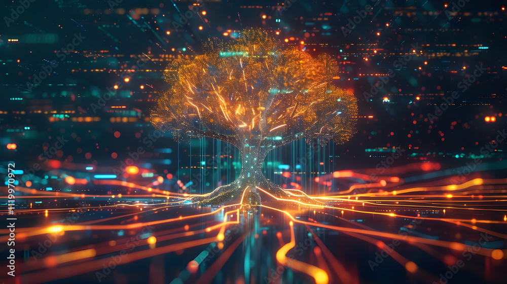 Fototapeta premium Digital tree with glowing roots and branches, representing data network growth.