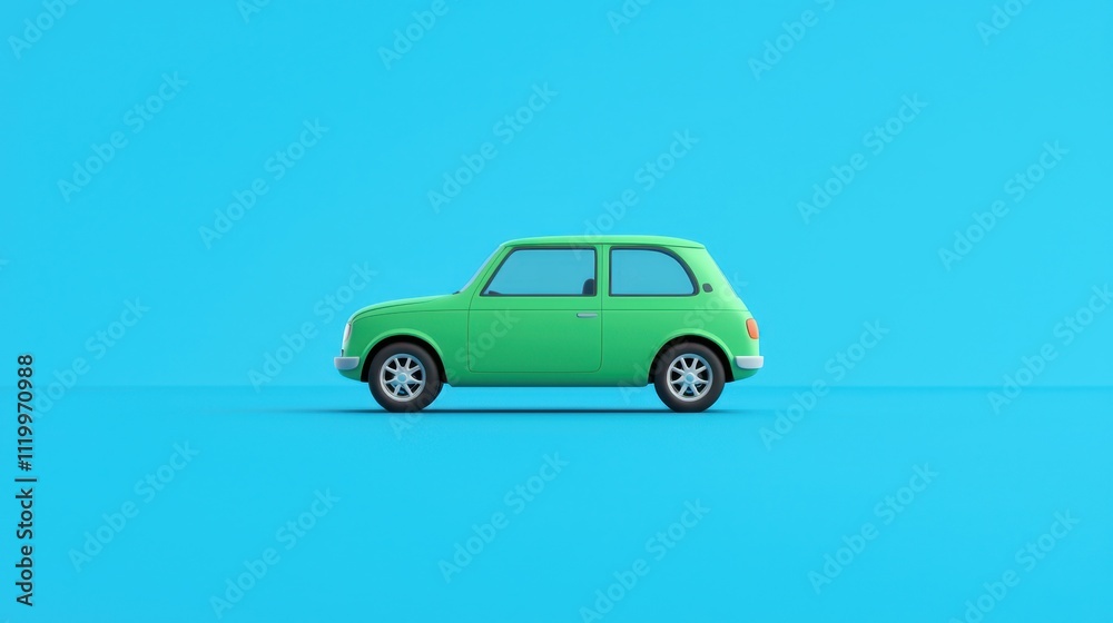 Whimsical cartoon car in vibrant green against a bright blue background Whimsical cartoon car in vibrant green against a bright blue background