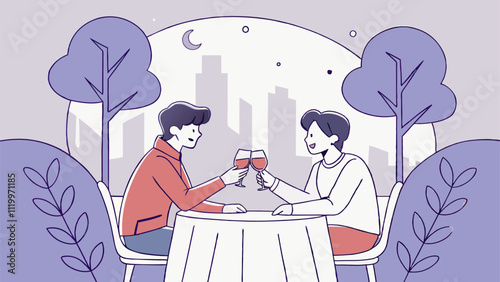 Two people enjoying a romantic evening outdoors, toasting wine glasses under the moonlight in a cozy city park setting, celebrating love and togetherness